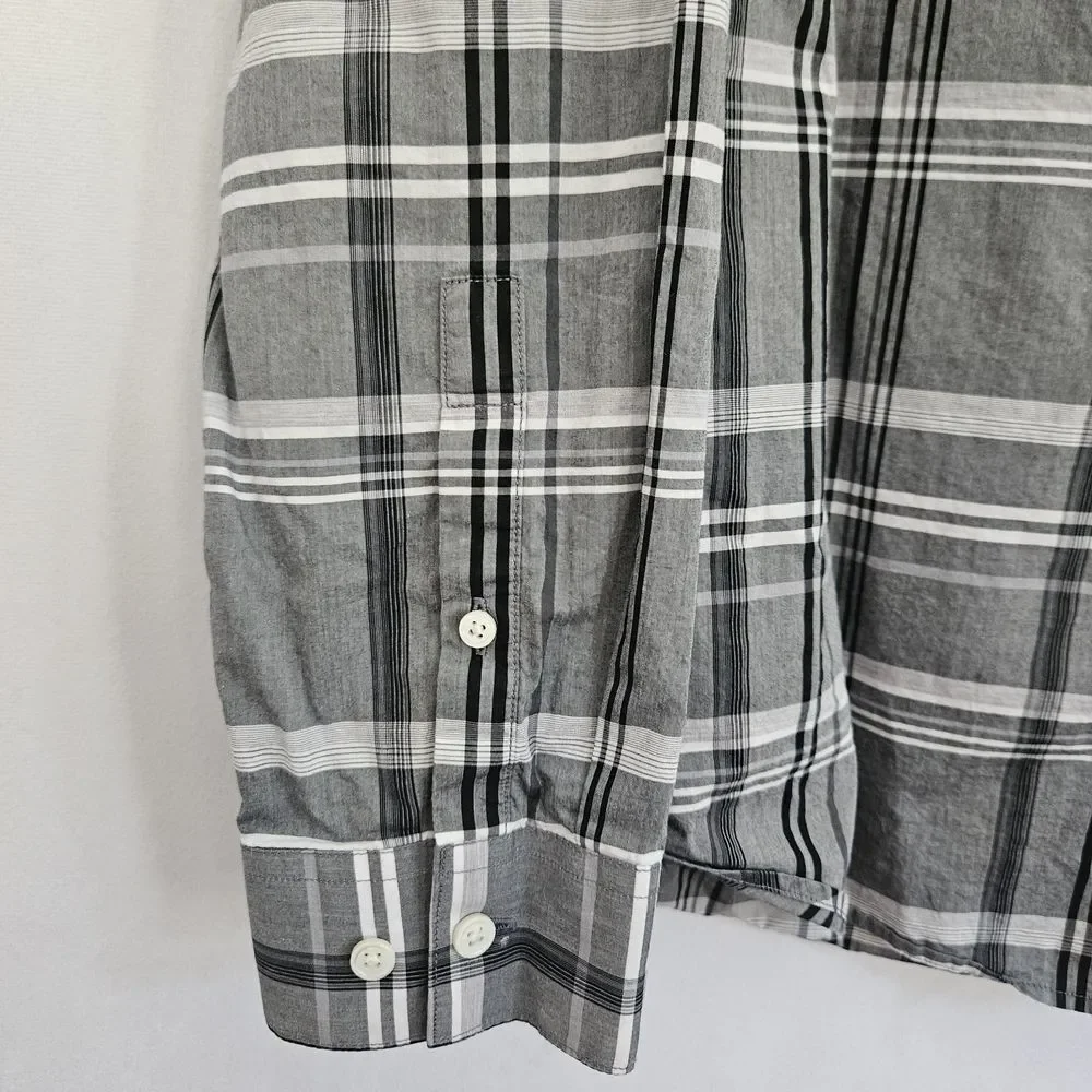 Theory Shirt Mens XL Black Grey Plaid Long Sleeve Button Up Cotton Preppy Office